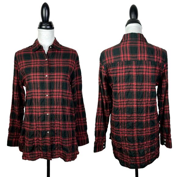 Rag & Bone | Red Black Plaid Gauze Long Sleeve Hi Low Tunic Button Front Shirt - Picture 1 of 10